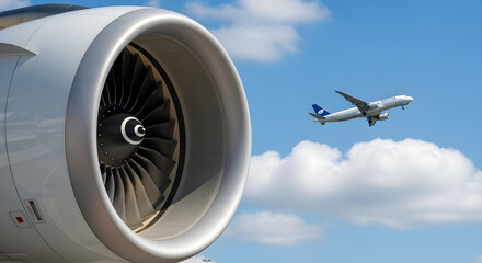 Close-up jet engine with airplane in blurred sky background	