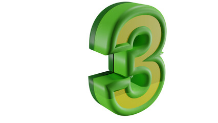 3D rendered green number three with yellow outline on white.