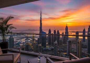 Panoramic city sunrise view from high-rise balcony
