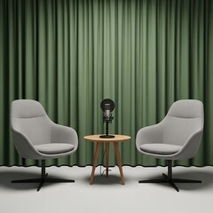Podcast studio room, two chairs, a table, microphone