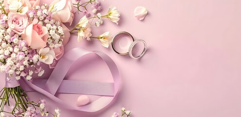 Wedding rings and pink flower bouquet with ribbon.