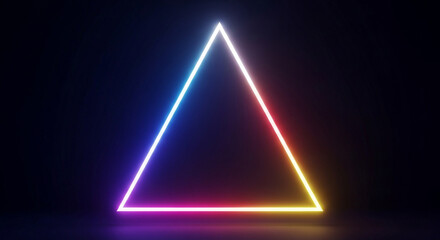 Vibrant neon triangle glows with electric blue, pink, and yellow hues against a dark, moody background