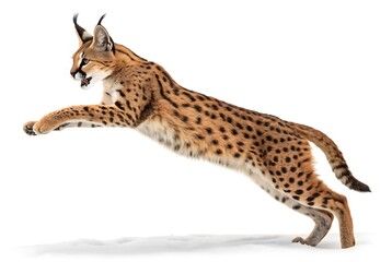 Obraz premium A caracal leaping in the air on a white background