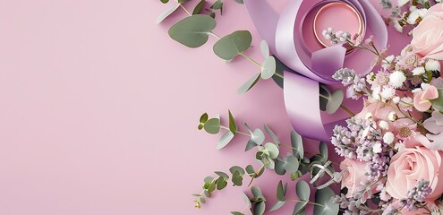 Romantic Floral Composition: A delicate and artistic arrangement of pastel-colored roses, eucalyptus and ribbon creates a visually appealing scene, ideal for celebrating events such as wedding.