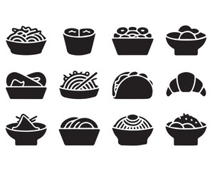 Black and white silhouette collection of various food dishes including noodle bowls taco sushi and pastries perfect for restaurant menus and culinary designs