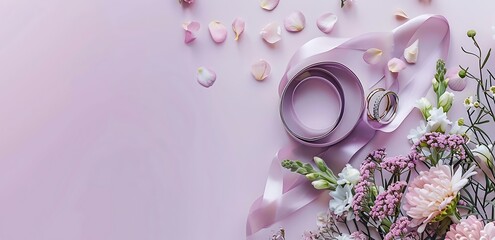 Elegant wedding rings with flowers, ribbon, and petals on a soft pink background.
