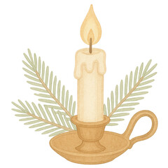 Cozy Candle with Evergreen Sprigs for Festive Decor and Ambiance