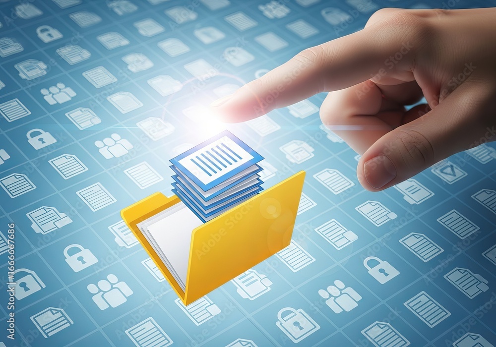Poster hand interacting with digital files in a folder, representing data management and organization in a 