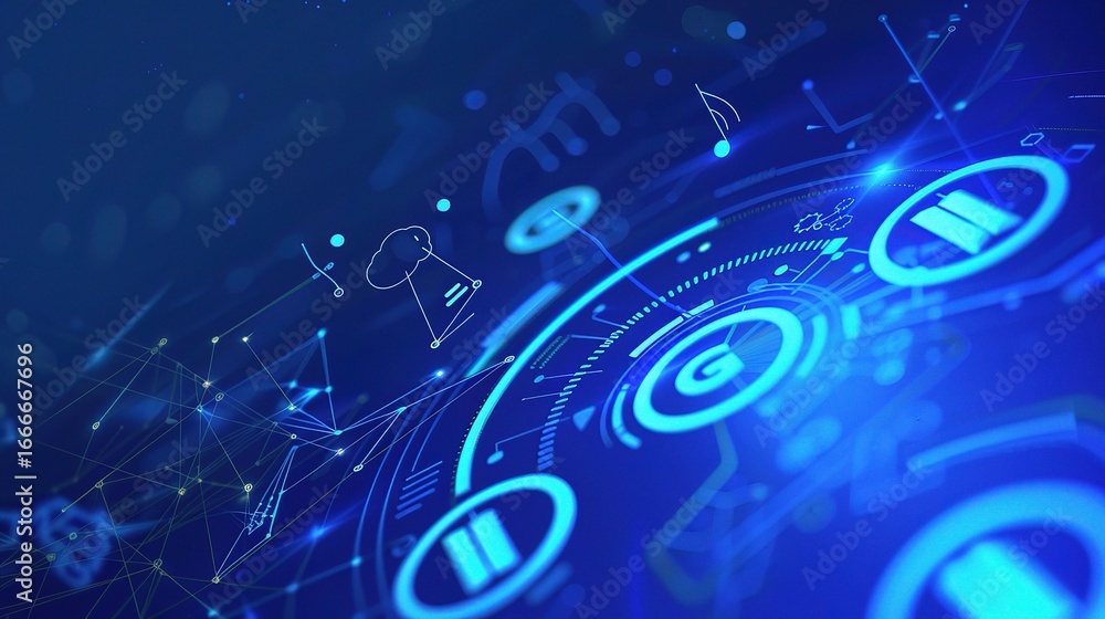 Aufkleber abstract blue background with icons of digital technology and web design elements, this element adds