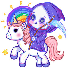 Cute Grim Reaper Riding Unicorn Kawaii Rainbow Fantasy