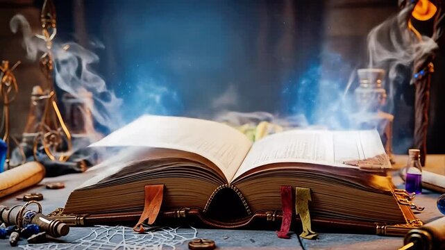 Open book magical realism swirling smoke and potions fantasy world high quality professional