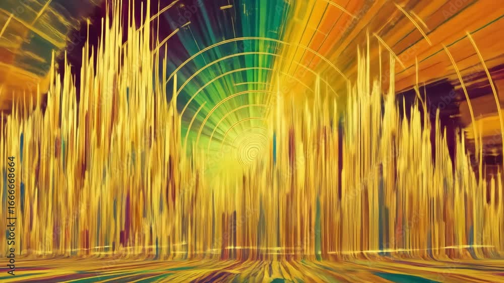 Poster abstract golden bars with concentric circles and colorful light rays changing motion, modern digital