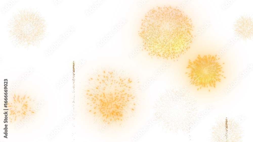 Poster abstract celebratory graphic with vibrant orange and pink circular patterns and golden fireworks exp