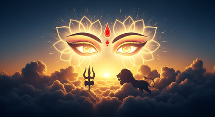Divine eyes of goddess durga shine above lord shiva amidst clouds
