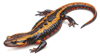 Obraz premium Isolated fire salamander crawling on white surface