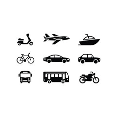Fototapeta premium Collection of transportation icons including car bicycle bus motorcycle airplane scooter and yacht