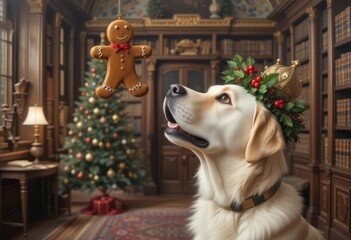  Jolly Labrador Joy Holly Crown, Gingerbread Man, Oil Painting Style, Luxurious Library Setting!