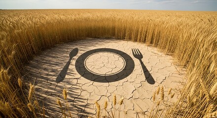 Drought's shadow an empty plate on cracked earth, framed by golden wheat, symbolizing global food insecurity, agricultural challenges, and the crisis of hunger