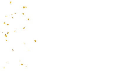 Realistic golden confetti pieces falling down in a festive celebration overlay. Perfect for parties, awards, and holidays. Isolated graphic element with transparent background for use. Copy space.