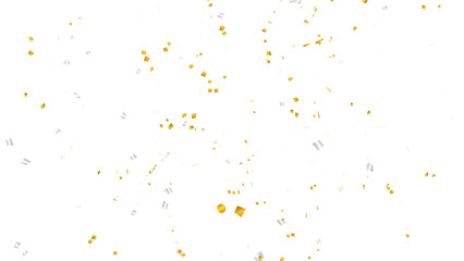 Realistic gold and silver confetti falling down. Festive glitter explosion for celebrations, parties, and events. Isolated abstract element with a transparent background for easy compositing.