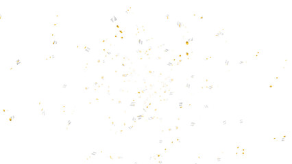 Elegant gold and silver confetti pieces exploding and falling. Festive celebration overlay for holidays, parties, and events. Realistic 3D render with a transparent background for easy use.