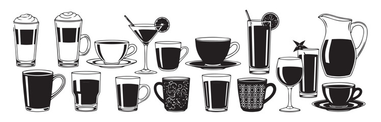Collection of assorted beverage glasses and mugs filled with various drinks isolated on transparent background