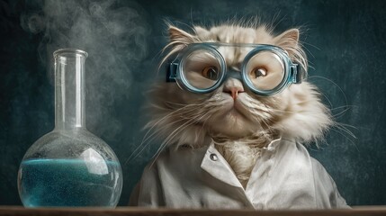 Cat scientist in lab coat, goggles, steam