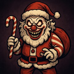 Creepy and Scary Santa Claus Character with Candy Cane and Sack