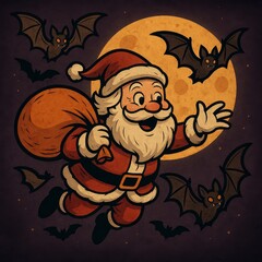 Santa Claus with Bats and Full Moon in Halloween-Themed Design