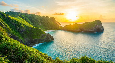 Breathtaking tropical bay at sunrise, lush green hills meeting turquoise ocean waters, pure paradise escape.