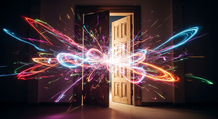 Unleash vibrant energy through an open doorway, a dazzling explosion of colorful light trails and sparks illuminating the path ahead.