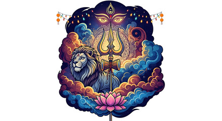 Vibrant digital art depicting durga amidst cosmic clouds and lotus