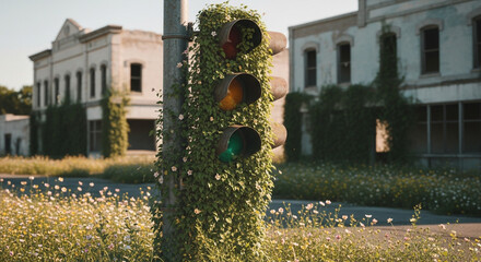 Nature reclaims abandoned town traffic light overgrown with vibrant green vines and delicate flowers