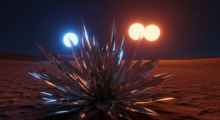 Stunning crystal formation on alien planet with binary suns glowing in starry night sky