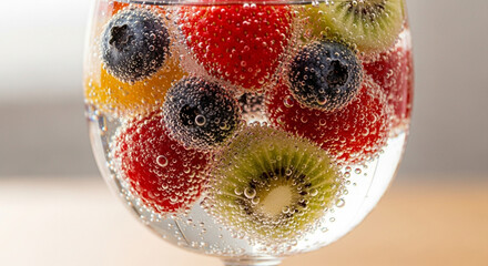 Refreshing cocktail with vibrant berries and kiwi submerged in sparkling water, a healthy and delicious drink