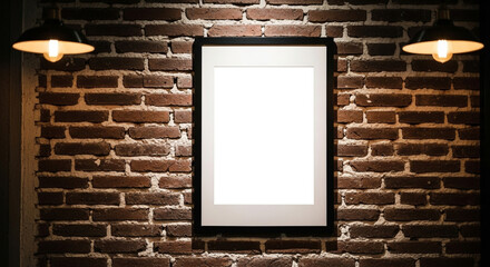 Blank picture frame on brick wall with warm lighting perfect for art, design, and lifestyle projects