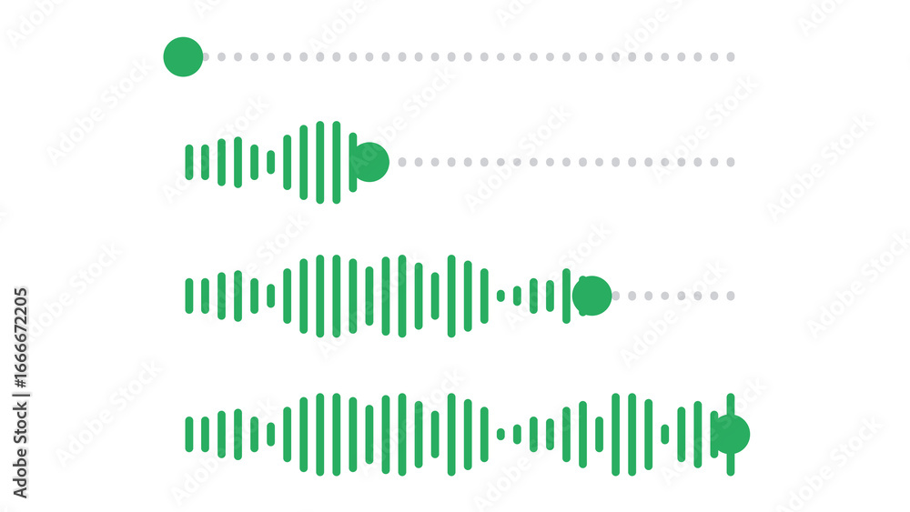 Poster set of four audio waveform progress bars showing soundwave evolution. green minimalist graphic equal