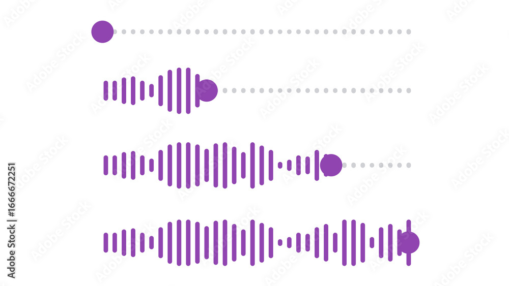 Aufkleber set of four purple audio track visualizations showing sound wave progress bars and equalizers. ui el