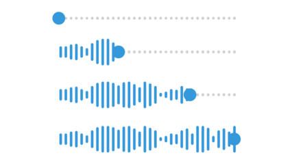 Set of four blue isolated audio player interface elements, including sound waves and progress bars, showing music playback progression. Minimalist graphic for UI design on a transparent background.
