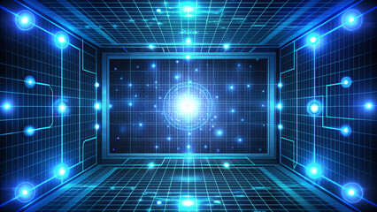 Stunning futuristic digital room with glowing lights, perfect for technology, innovation, and data visualization