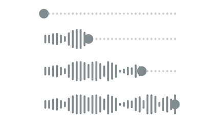 Set of four gray different audio waveform elements and progress bars for user interface design. Includes sound waves, voice message visualization, and playback indicators with transparent background.