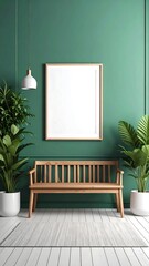 Modern, green-toned living area with wooden bench