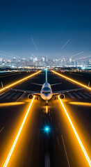 Passenger airplane on illuminated runway at night with city lights	