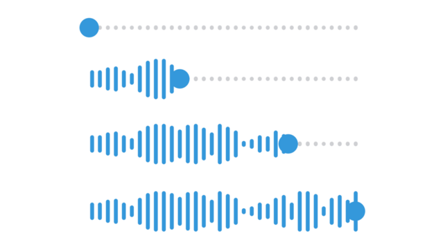 Set of four blue isolated audio player interface elements, including sound waves and progress bars, showing music playback progression. Minimalist graphic for UI design on a transparent background.