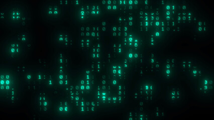Abstract background with glowing green binary code numbers. Digital concept of data, technology, and cyberspace. Futuristic computer screen display with a black background.