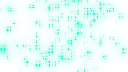 Futuristic abstract background with distorted binary code numbers floating over a fluid, liquid-like texture in green and cyan. A creative concept of data flow, technology, and cyberspace.