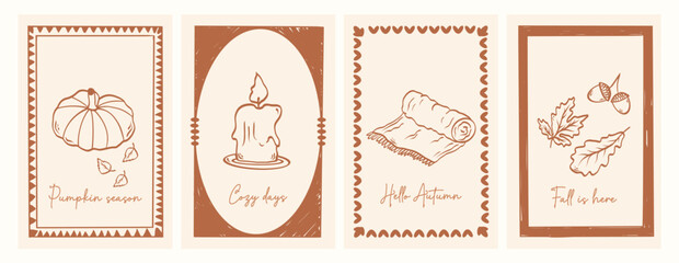 Cute autumn vintage posters. Vector illustrations in ink line doodle sketch. Print, postcard stamp, autumn engraving emblem, placard.