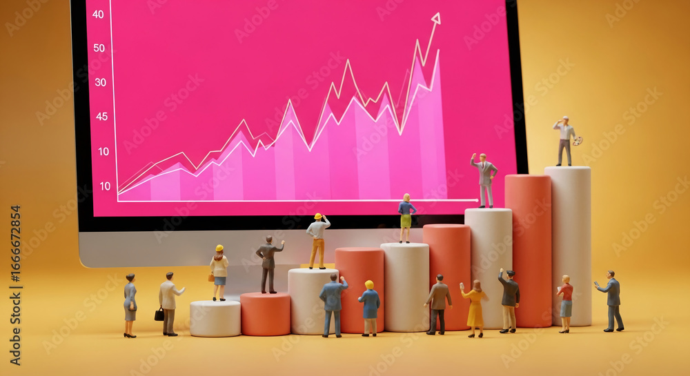 Aufkleber miniature figures stand on columns mirroring a growth chart displayed on a computer screen, symboliz