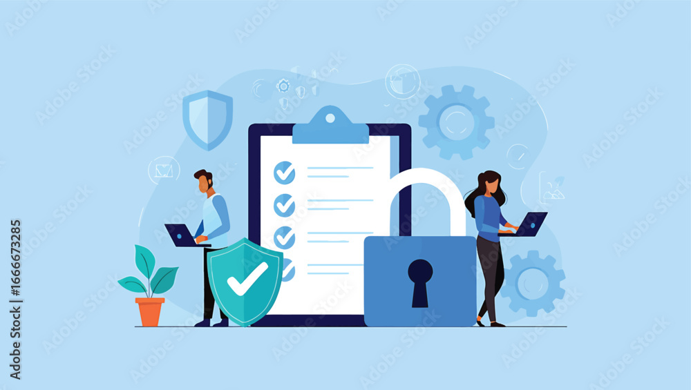 Poster cybersecurity concept digital security checklist and locked symbol with people using laptops
