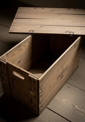 Rustic charm: An open wooden crate with lid, exhibiting raw texture and subtle shadow play showcasing simple storage